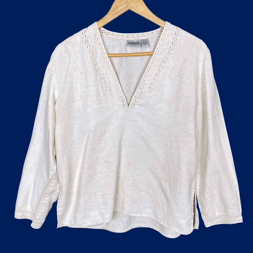 Chicos Crochet Lace Trim Linen Tunic Top Womens 1 Minimalist Coastal Breathable